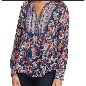 NWT Vintage X America Women Blue Long Sleeve Blouse Floral Small MRSP $69.50
